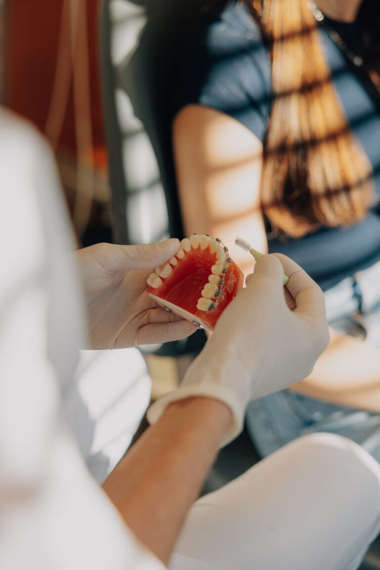 Reinigung eines Zahnspangen-Modells mit Interdentalbürste